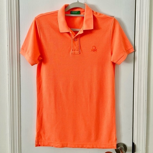 United Colors of Benetton neon orange polo- Size Small - Picture 1 of 4